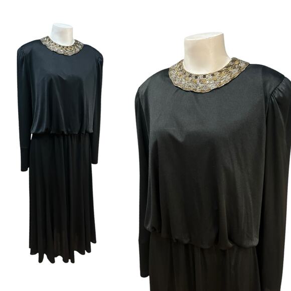 Vintage 1980s Black Beaded Collar Dress – Long Sleeve Drop Waist / Medium - - Picture 1 of 5
